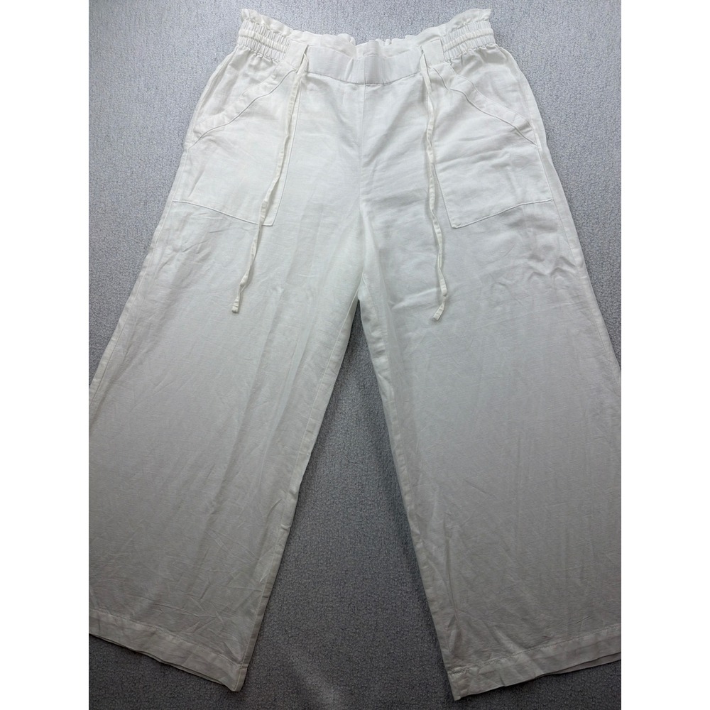 LOFT White Linen Cotton Blend Wide Leg Paperbag Waist Pants Large coastal boho